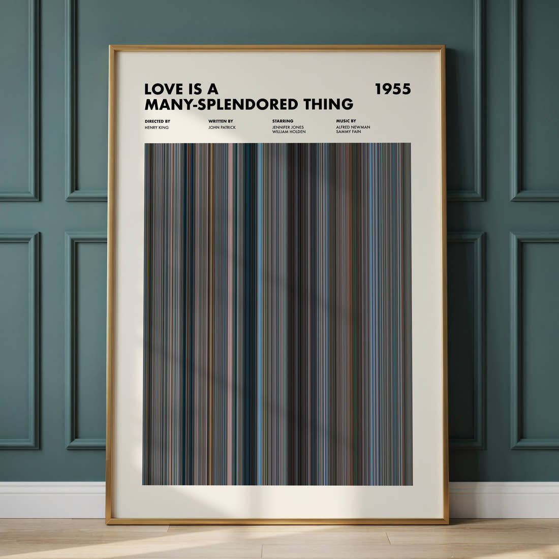 Love Is a Many-Splendored Thing Movie Barcode Poster framed and leaning against a panelled wall