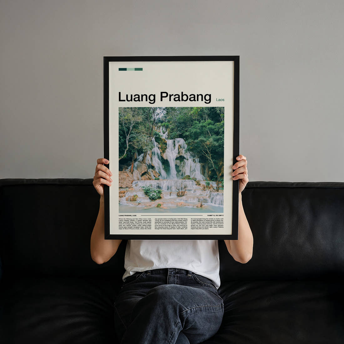 Luang Prabang Tiered Turquoise Waterfall Travel Print held up by hand to show the size of the print