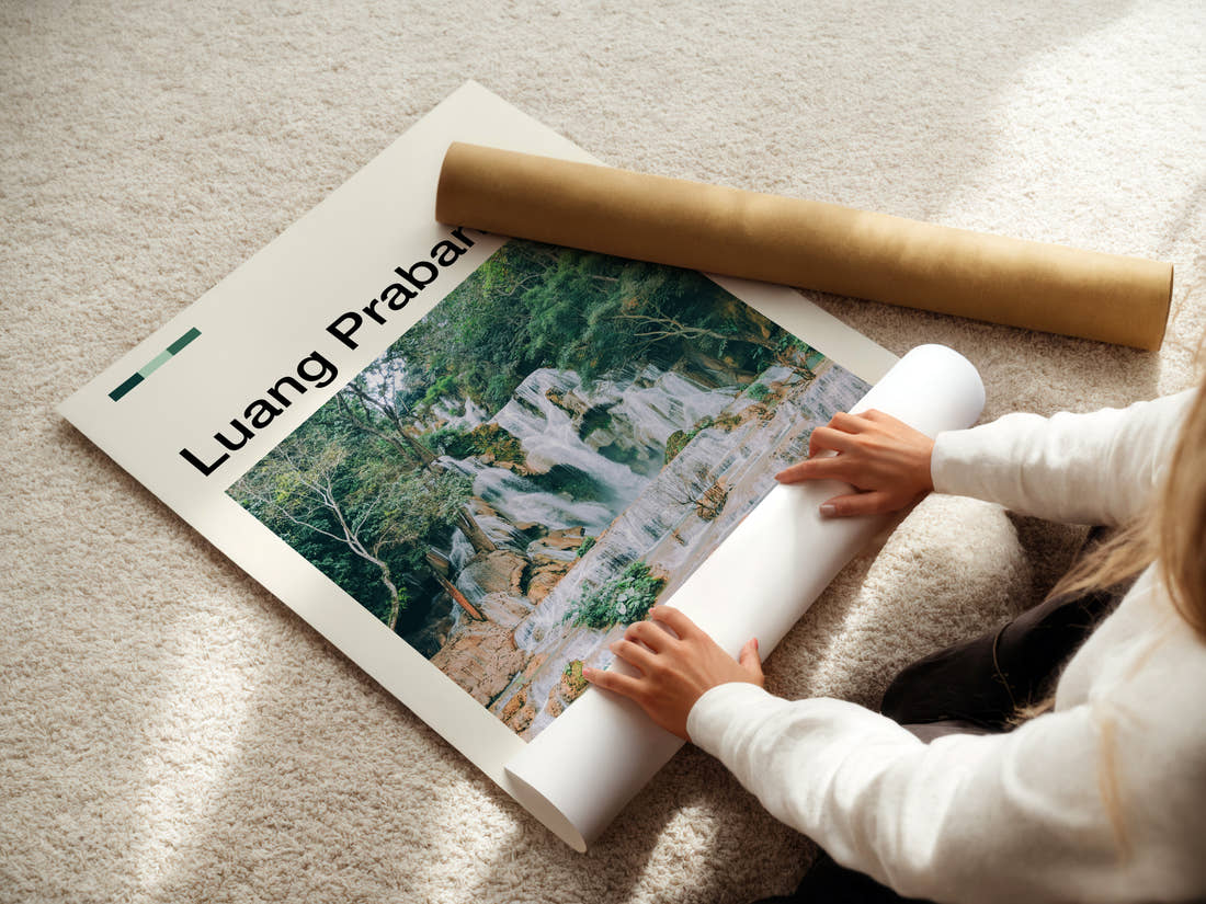Luang Prabang Tiered Turquoise Waterfall Travel Print being unrolled from its postal tube