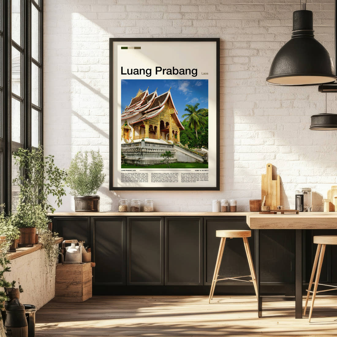 Luang Prabang Golden Temple Facade Travel Print framed on the wall of a bright kitchen and dining space