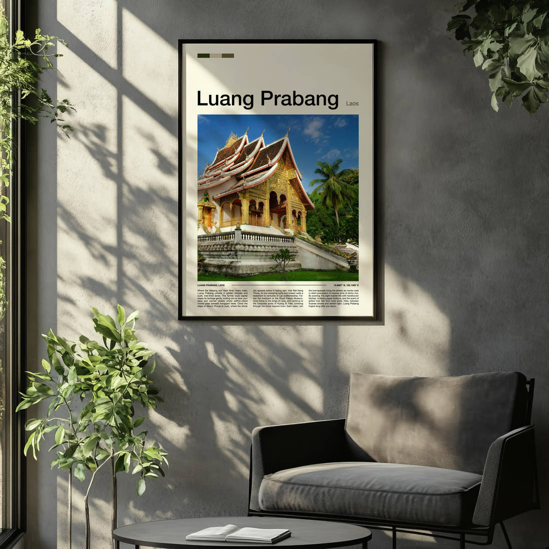 Luang Prabang Golden Temple Facade Travel Print framed on the wall of a relaxed living room