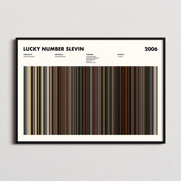 Lucky Number Slevin Movie Barcode Poster framed and photographed straight on