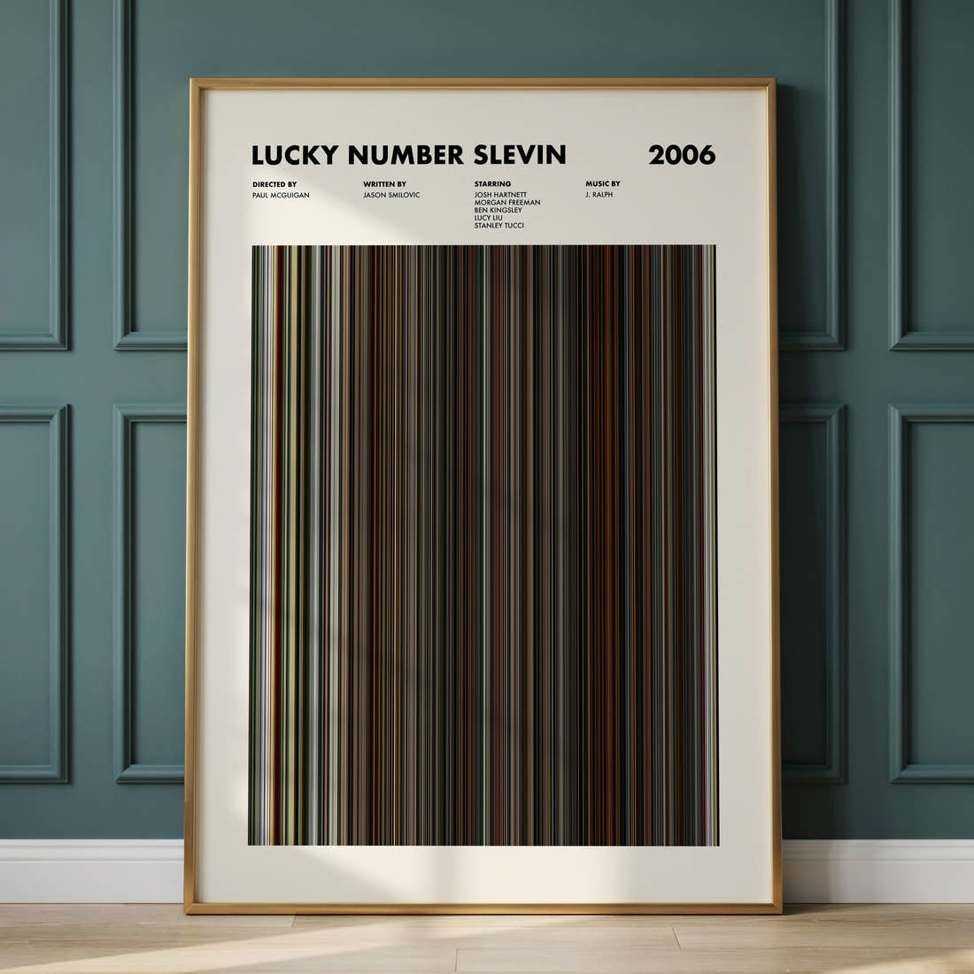 Lucky Number Slevin Movie Barcode Poster framed and leaning against a panelled wall