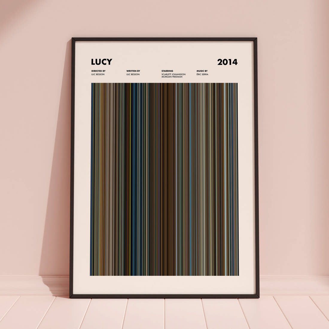 Lucy Movie Barcode Poster framed and leaning against a coloured wall