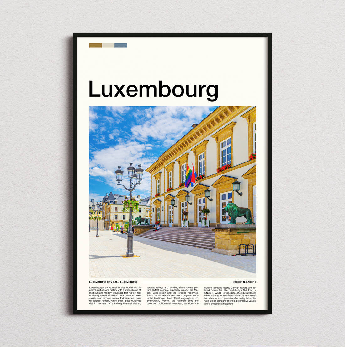 Luxembourg Town Hall Travel Print framed and photographed straight on