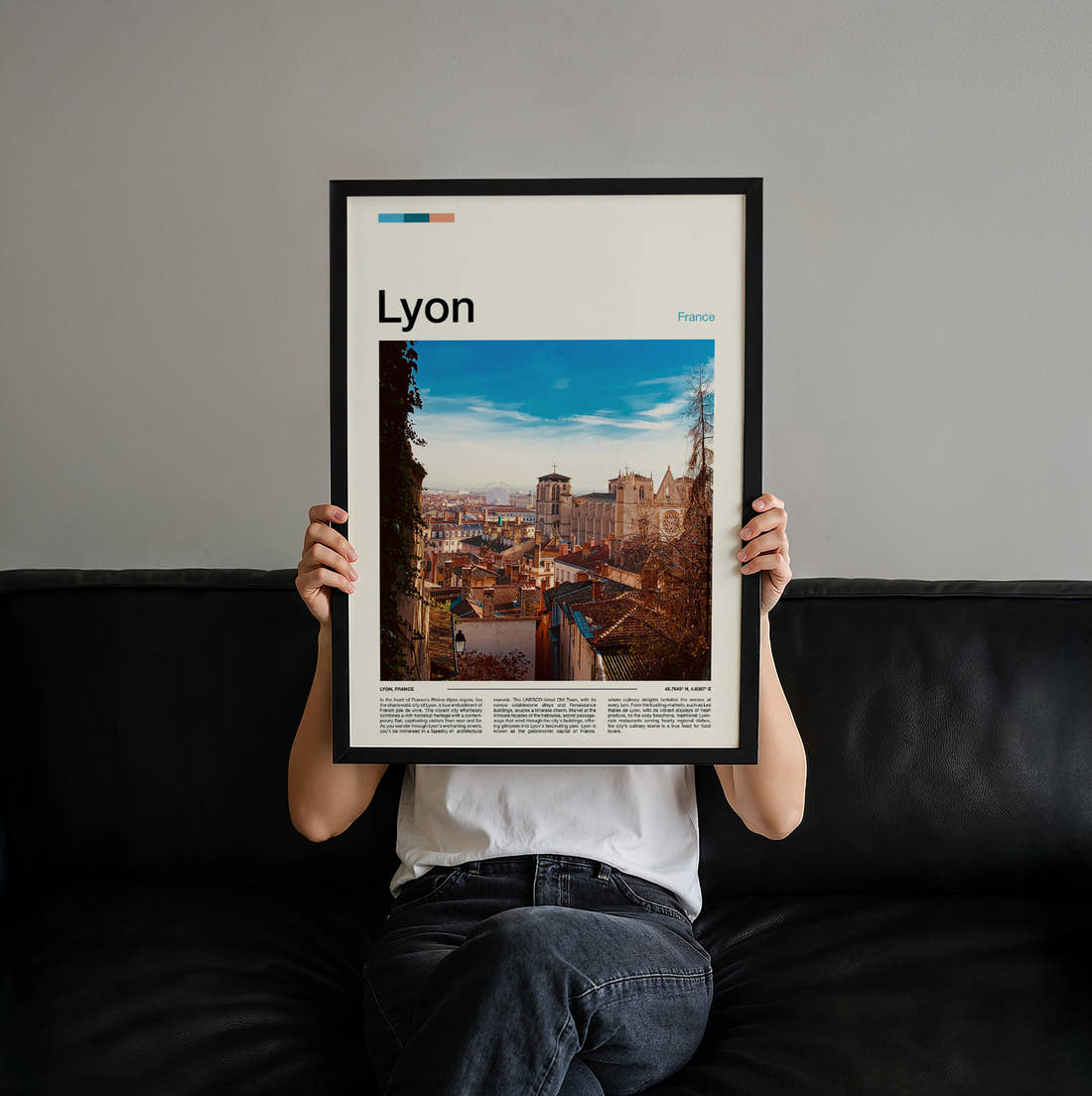 Lyon Old Town Rooftops Travel Print held up by hand to show the size of the print