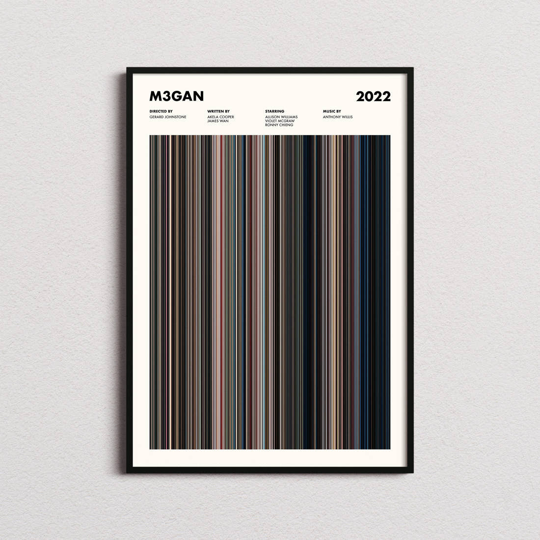 M3gan Movie Barcode Poster framed on a plain studio wall