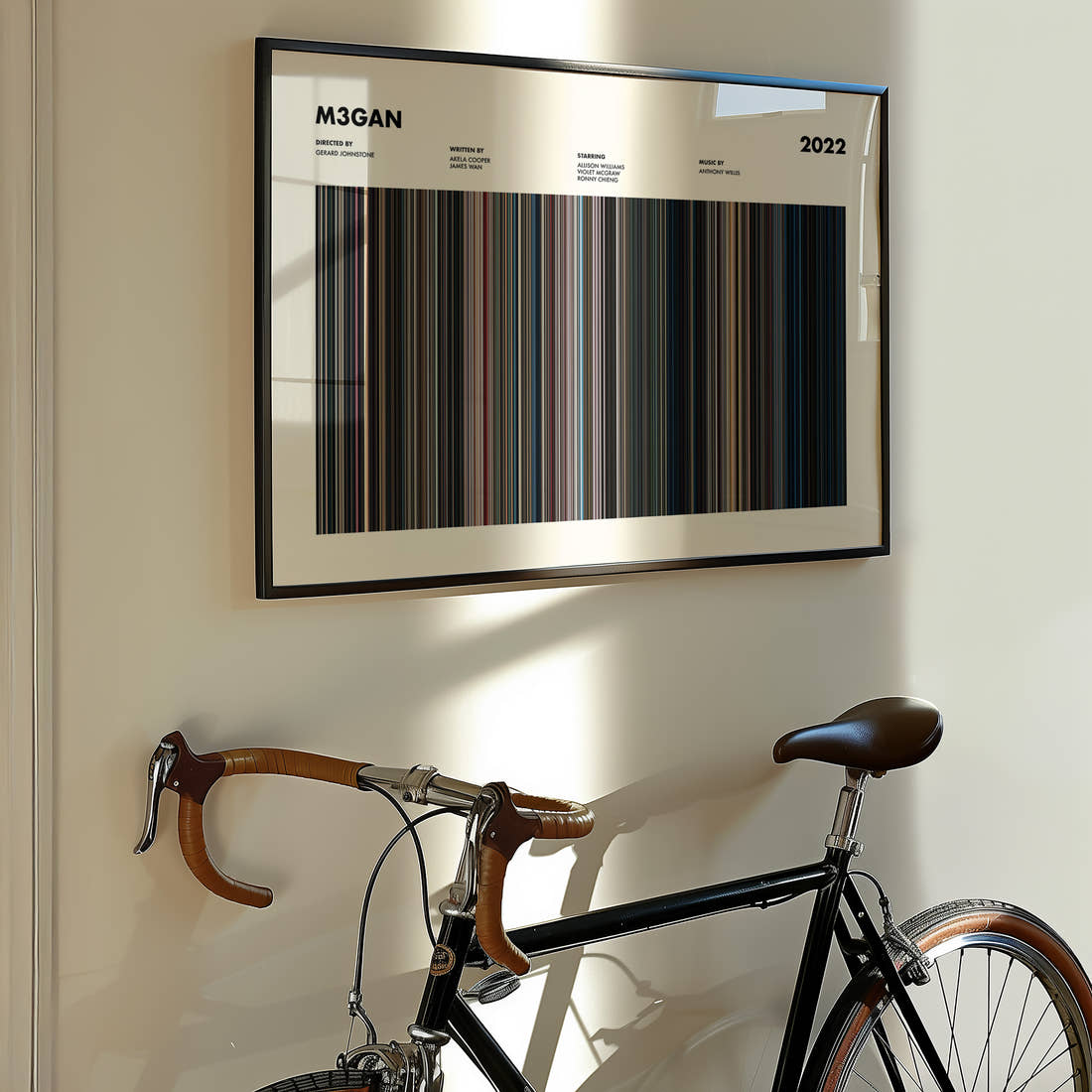 M3gan Movie Barcode Poster framed on the wall of a styled room setting