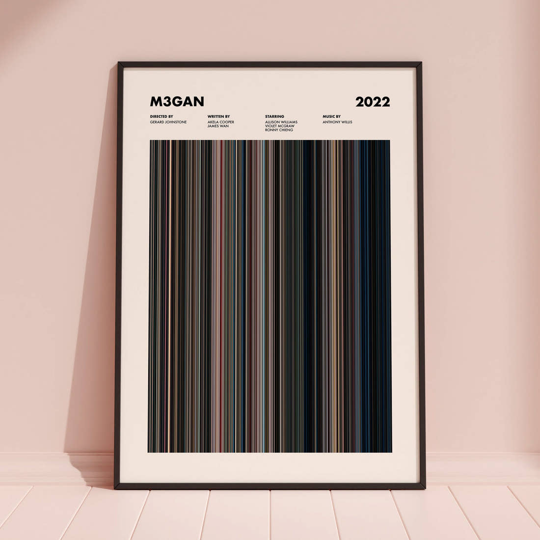 M3gan Movie Barcode Poster framed and leaning against a coloured wall