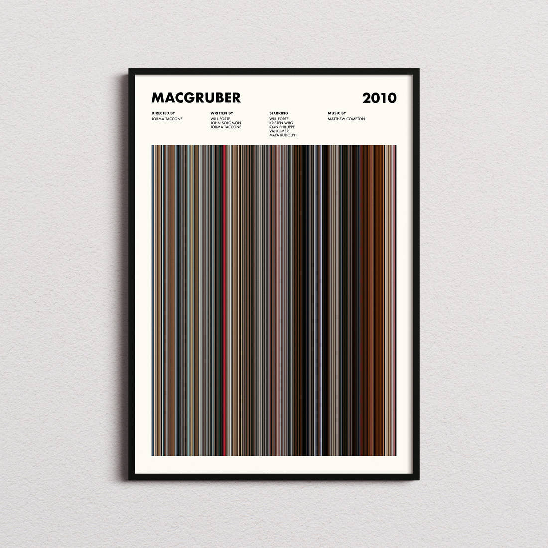MacGruber Movie Barcode Poster framed on a plain studio wall