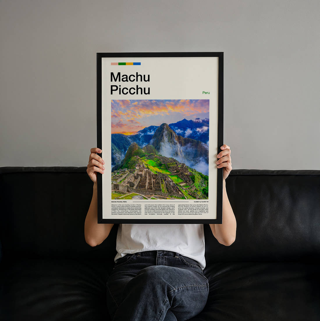 Machu Picchu Ancient Mountain Ruins Travel Print held up by hand to show the size of the print