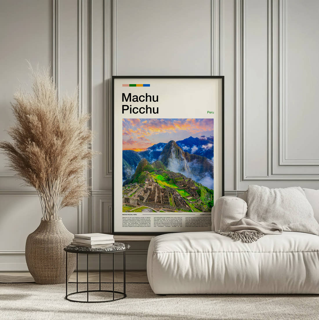 Machu Picchu Ancient Mountain Ruins Travel Print framed on the wall of a calm, neutral bedroom