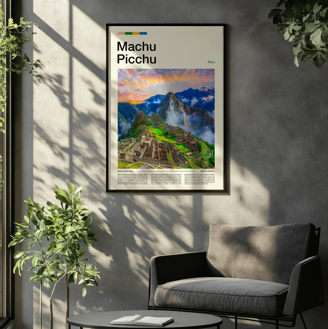 Machu Picchu Ancient Mountain Ruins Travel Print framed on the wall of a relaxed living room