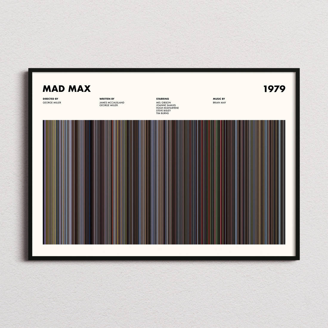 Mad Max 1979 Movie Barcode Poster framed and photographed straight on