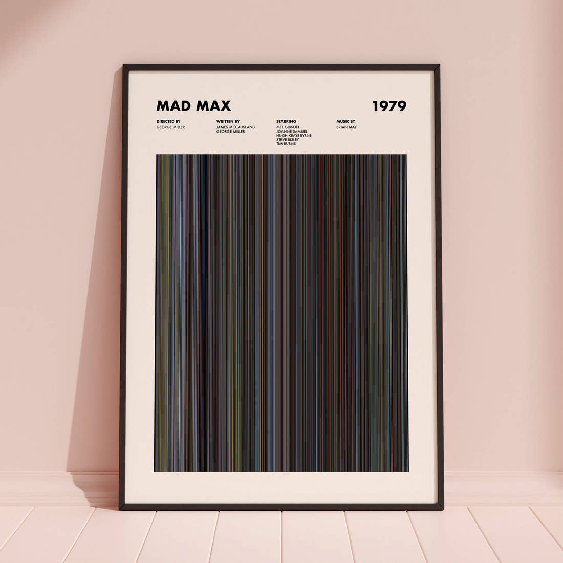 Mad Max 1979 Movie Barcode Poster framed and leaning against a coloured wall