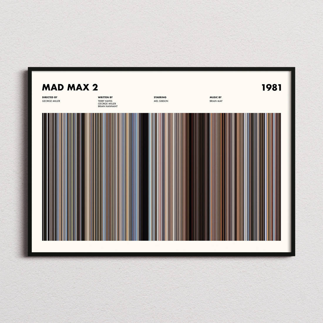 Mad Max 2 Movie Barcode Poster framed and photographed straight on