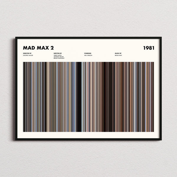 Mad Max 2 Movie Barcode Poster framed and photographed straight on
