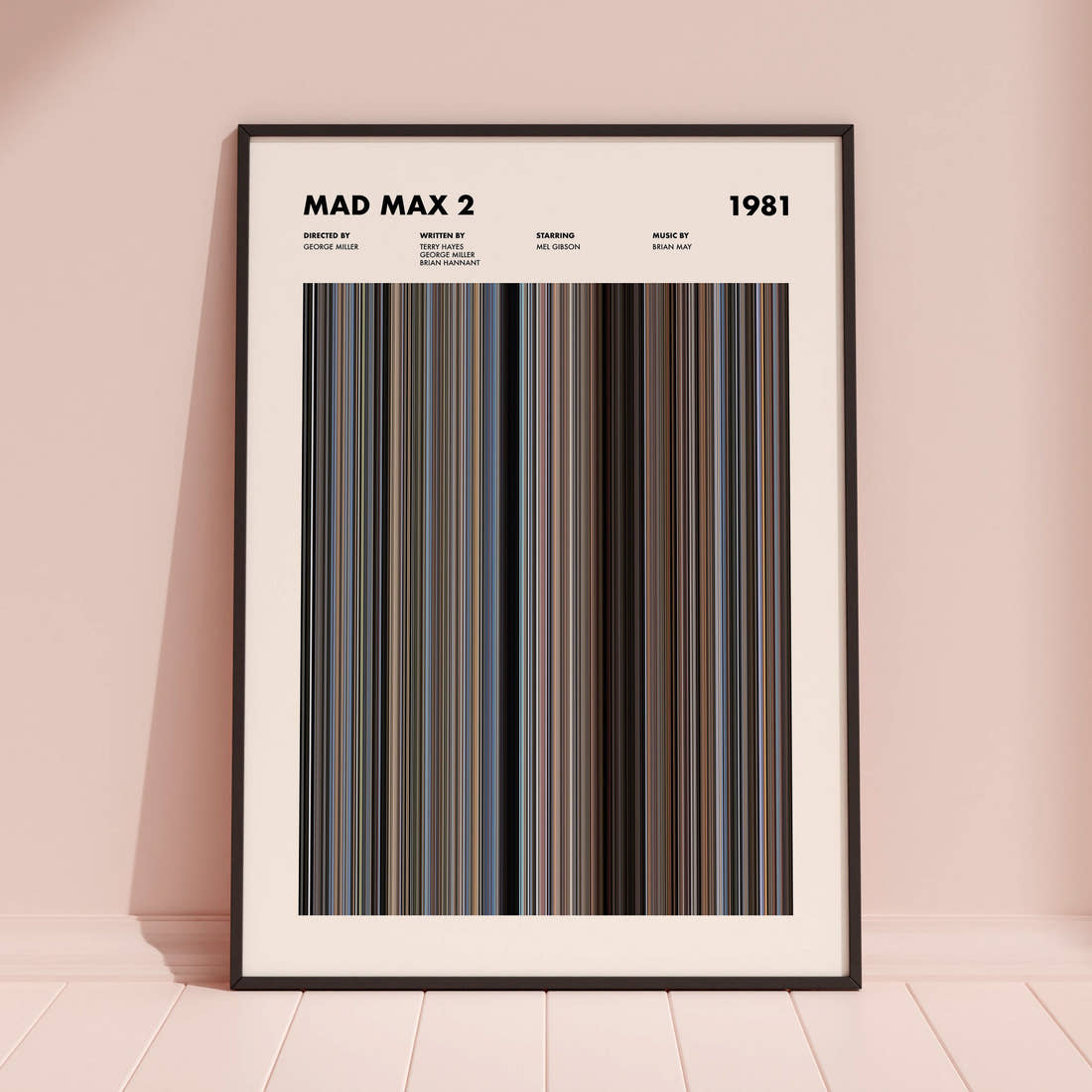 Mad Max 2 Movie Barcode Poster framed and leaning against a coloured wall