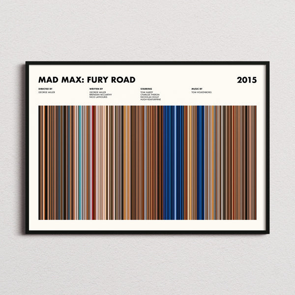 Mad Max: Fury Road Movie Barcode Poster framed and photographed straight on