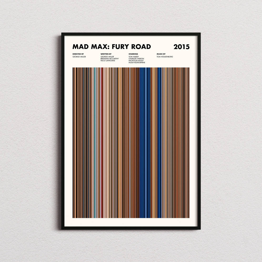 Mad Max: Fury Road Movie Barcode Poster framed on a plain studio wall