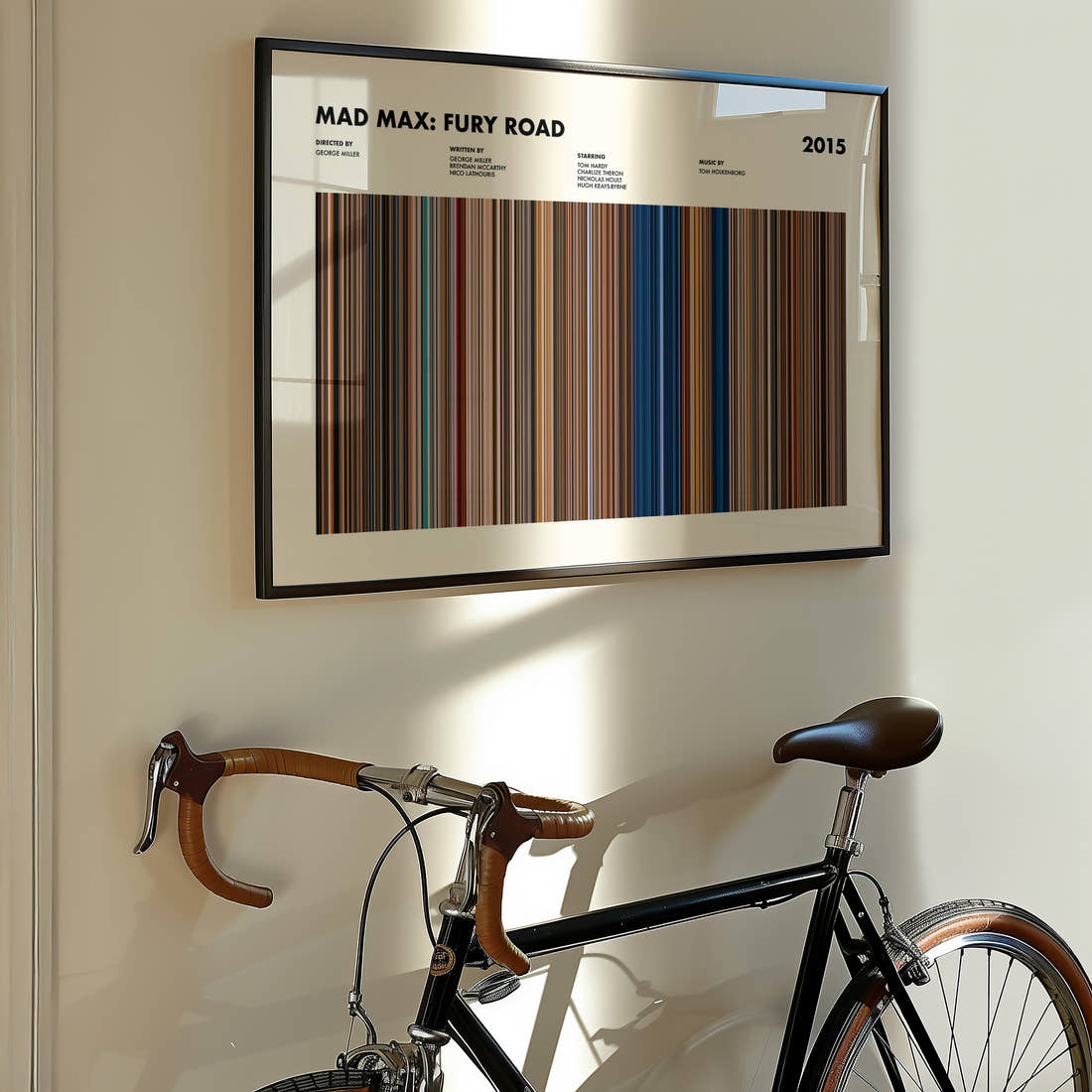 Mad Max: Fury Road Movie Barcode Poster framed on the wall of a styled room setting