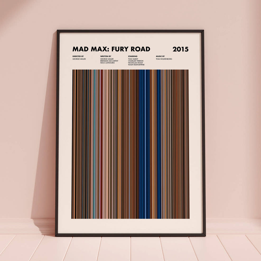 Mad Max: Fury Road Movie Barcode Poster framed and leaning against a coloured wall