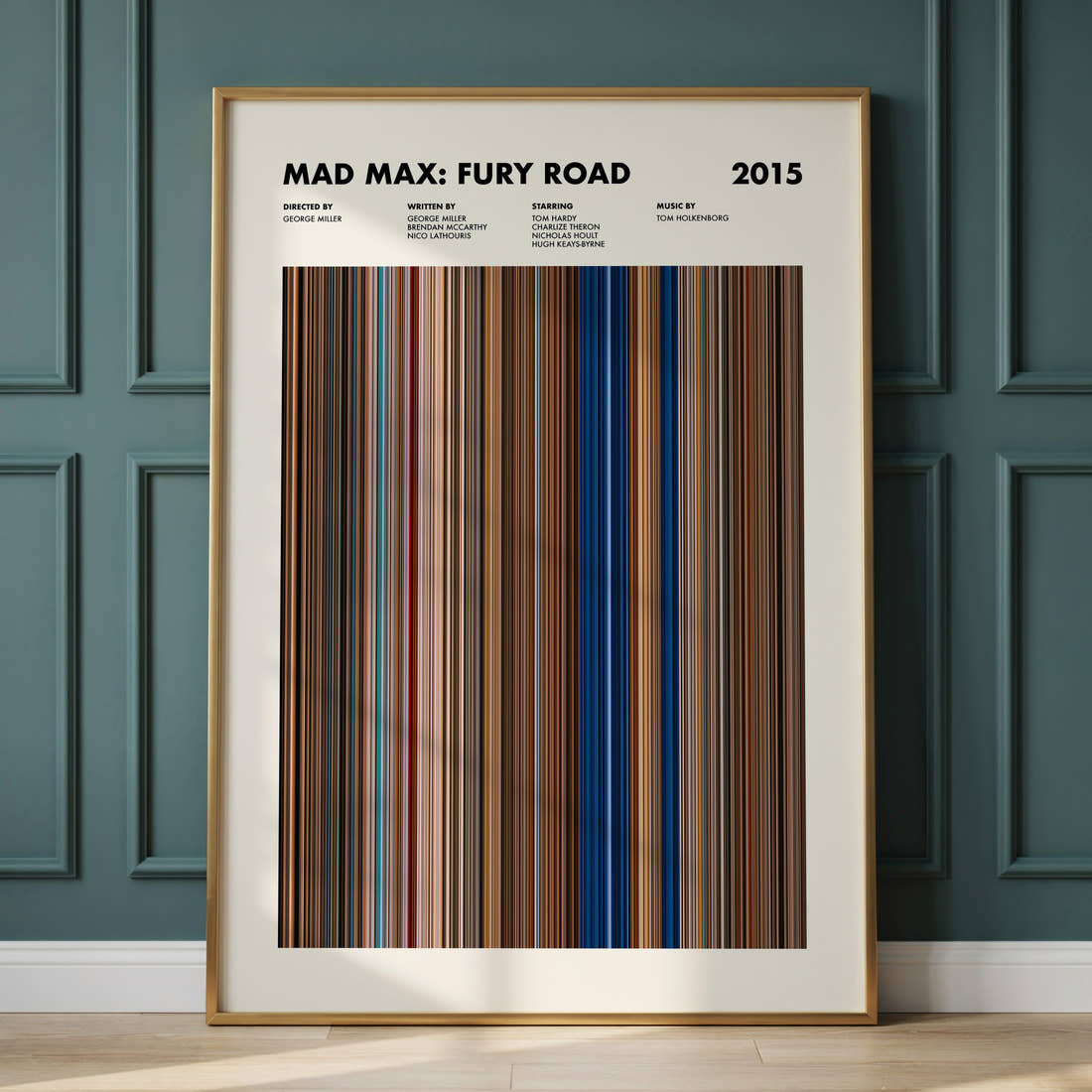 Mad Max: Fury Road Movie Barcode Poster framed and leaning against a panelled wall