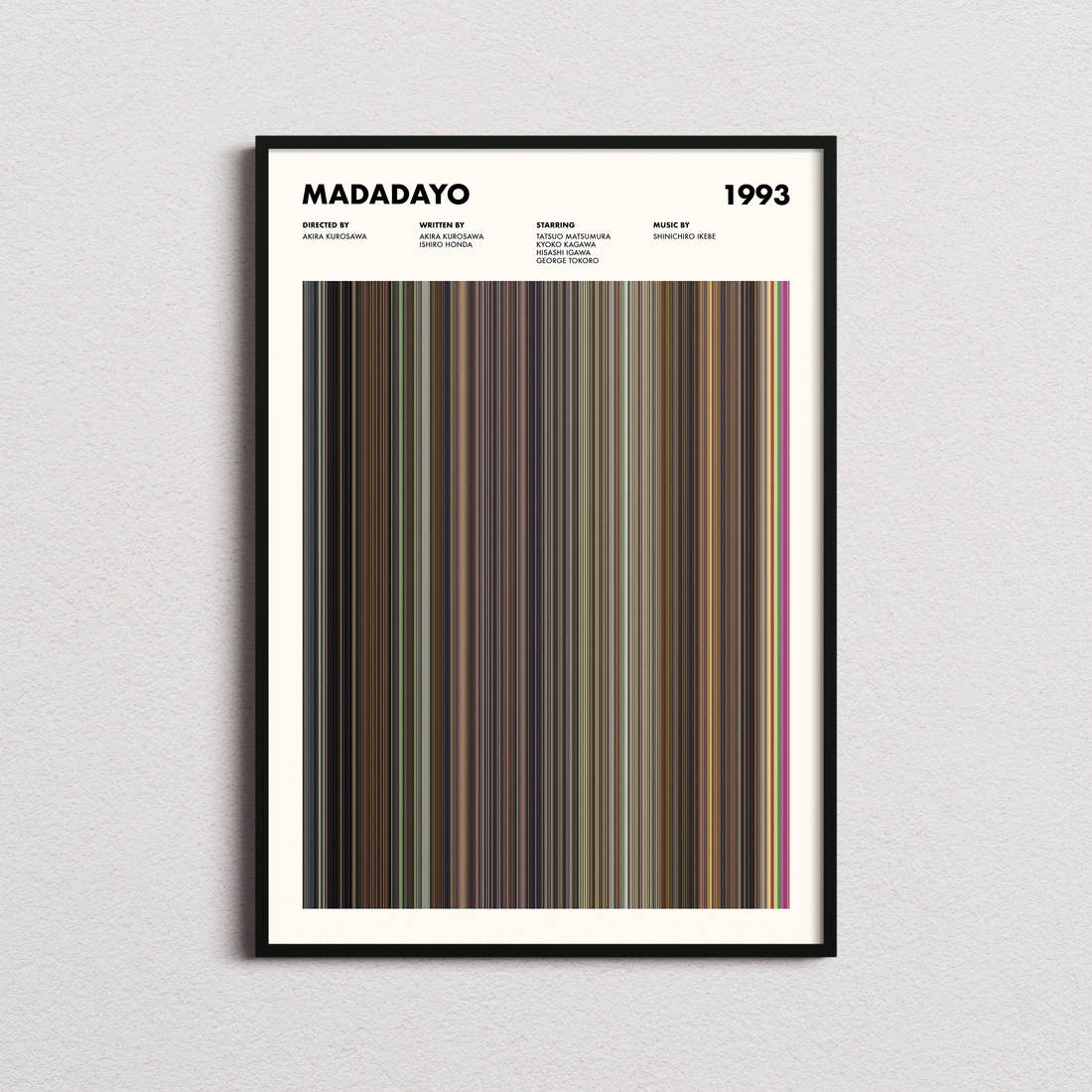 Madadayo Movie Barcode Poster framed on a plain studio wall
