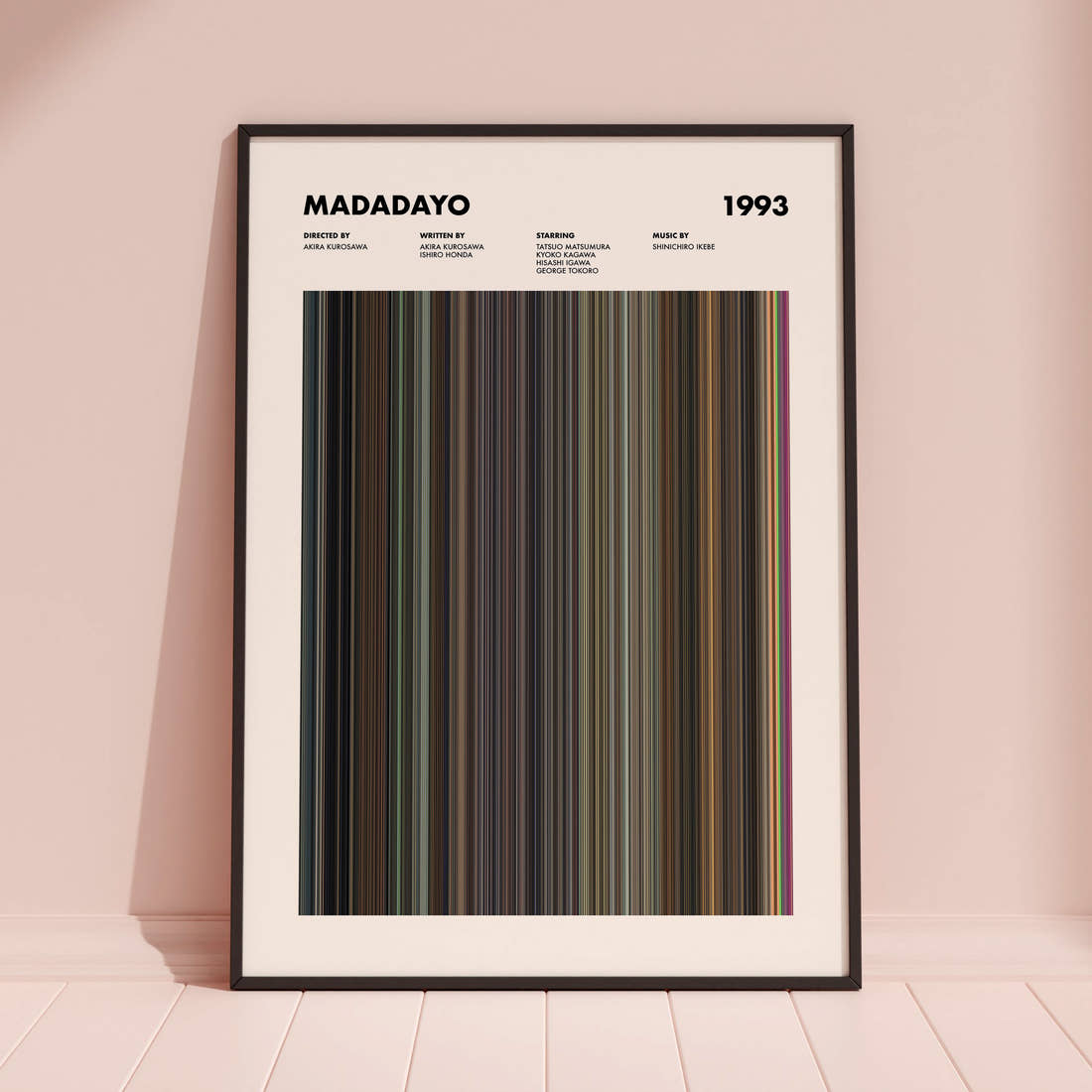 Madadayo Movie Barcode Poster framed and leaning against a coloured wall