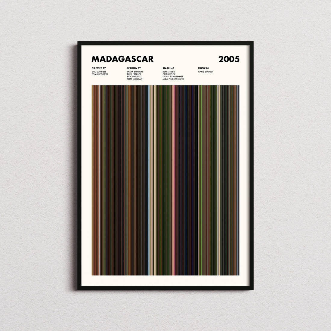 Madagascar Movie Barcode Poster framed on a plain studio wall