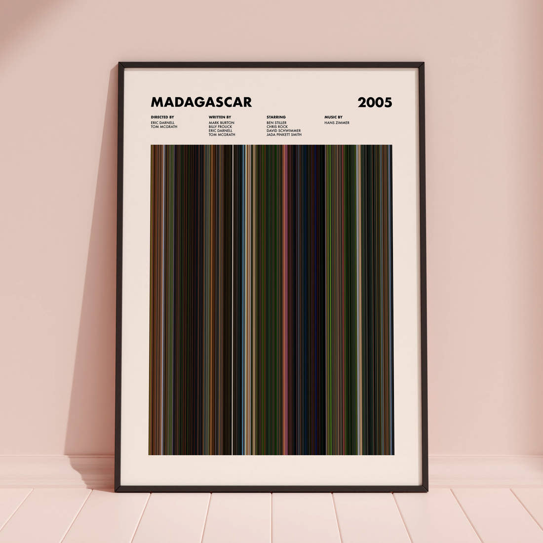 Madagascar Movie Barcode Poster framed and leaning against a coloured wall