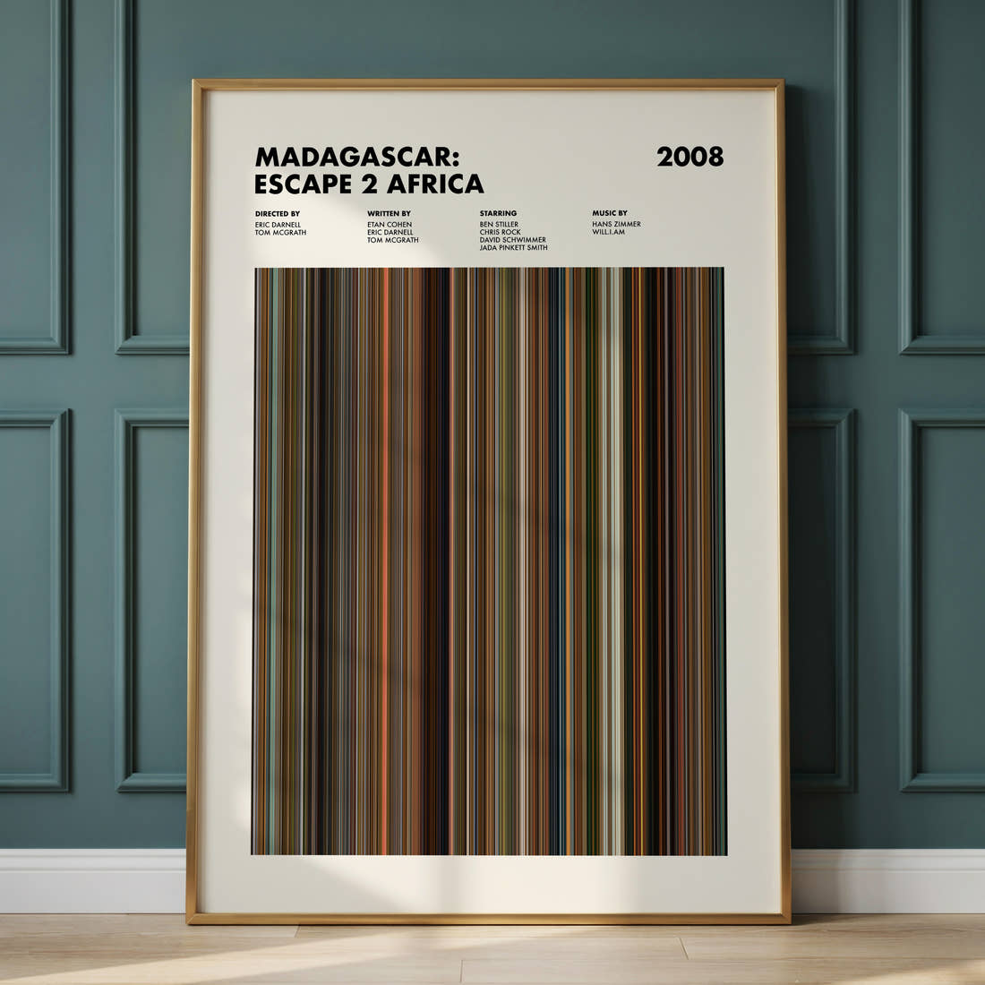 Madagascar: Escape 2 Africa Movie Barcode Poster framed and leaning against a panelled wall