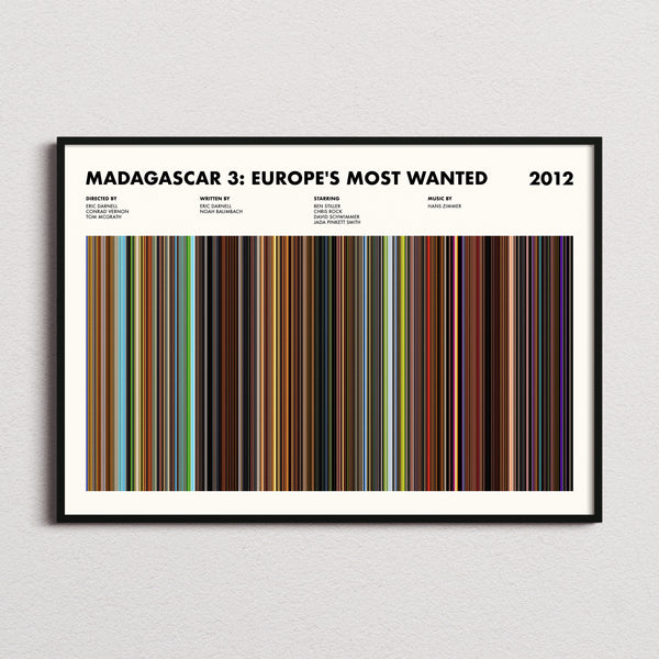 Madagascar 3: Europe's Most Wanted Movie Barcode Poster framed and photographed straight on