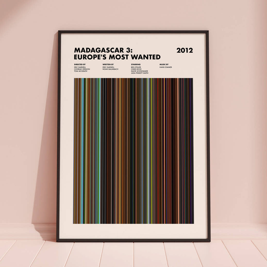 Madagascar 3: Europe's Most Wanted Movie Barcode Poster framed and leaning against a coloured wall