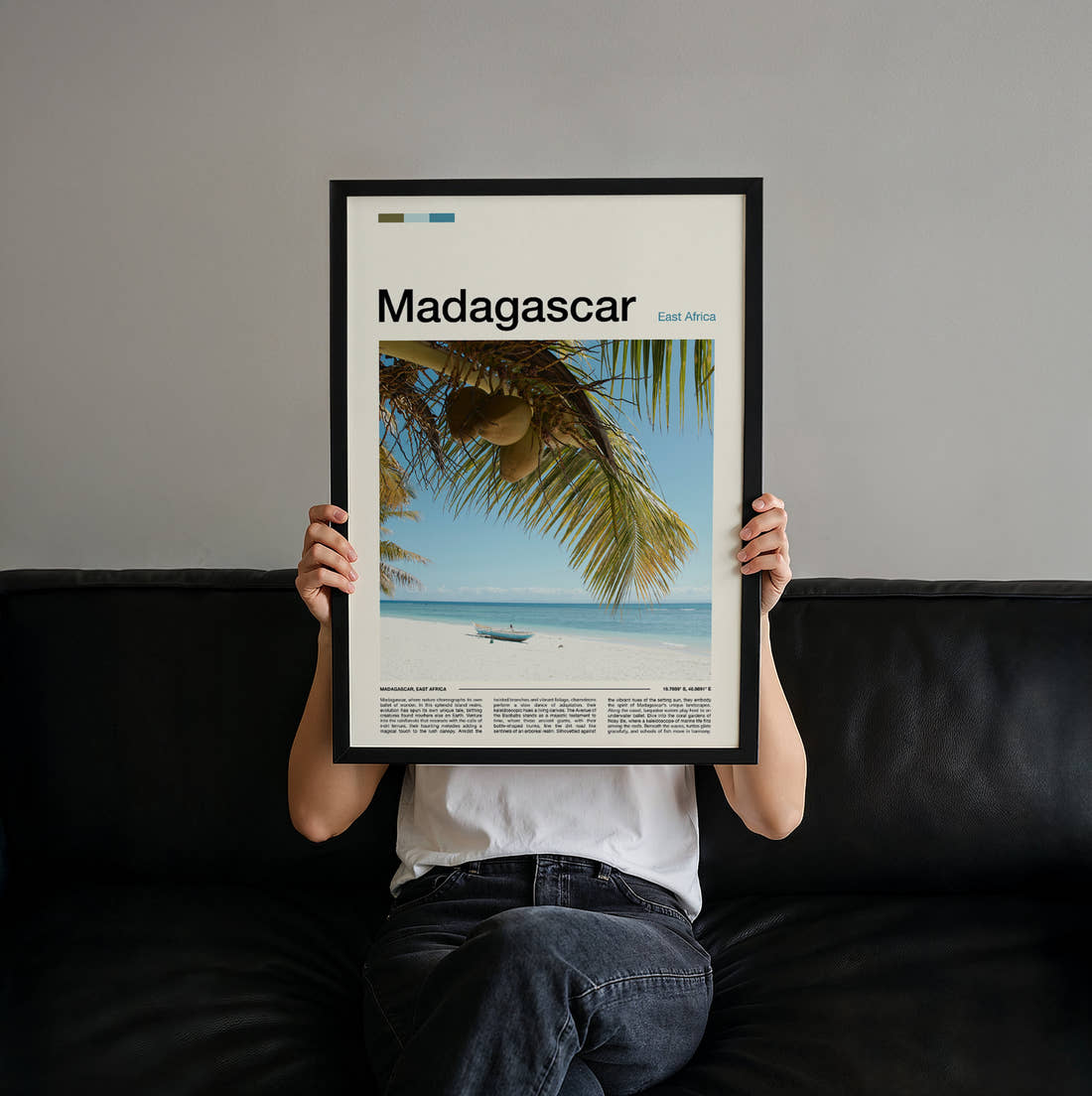 Madagascar Coconuts On Palm Tree Travel Print held up by hand to show the size of the print