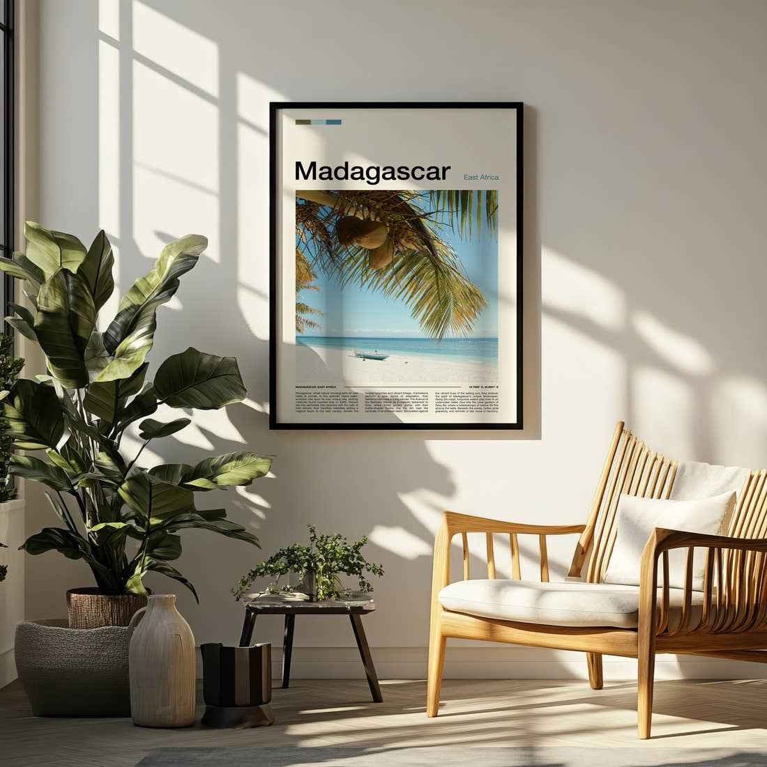 Madagascar Coconuts On Palm Tree Travel Print framed on a pale wall beside houseplants