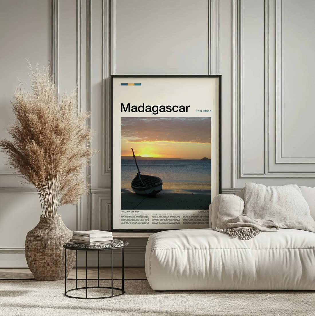 Madagascar Boat At Sunset Travel Print framed on the wall of a calm, neutral bedroom
