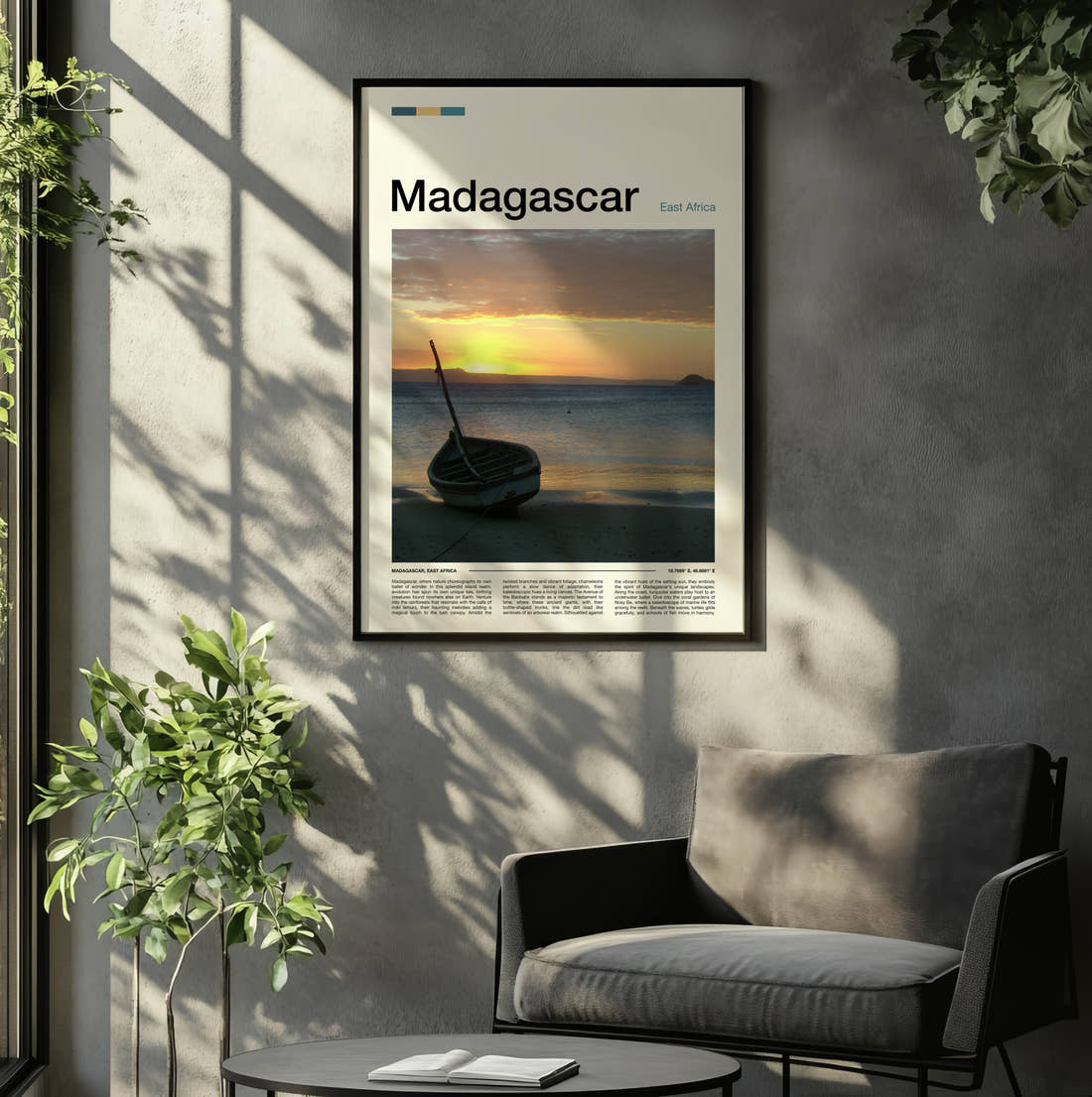 Madagascar Boat At Sunset Travel Print framed on the wall of a relaxed living room
