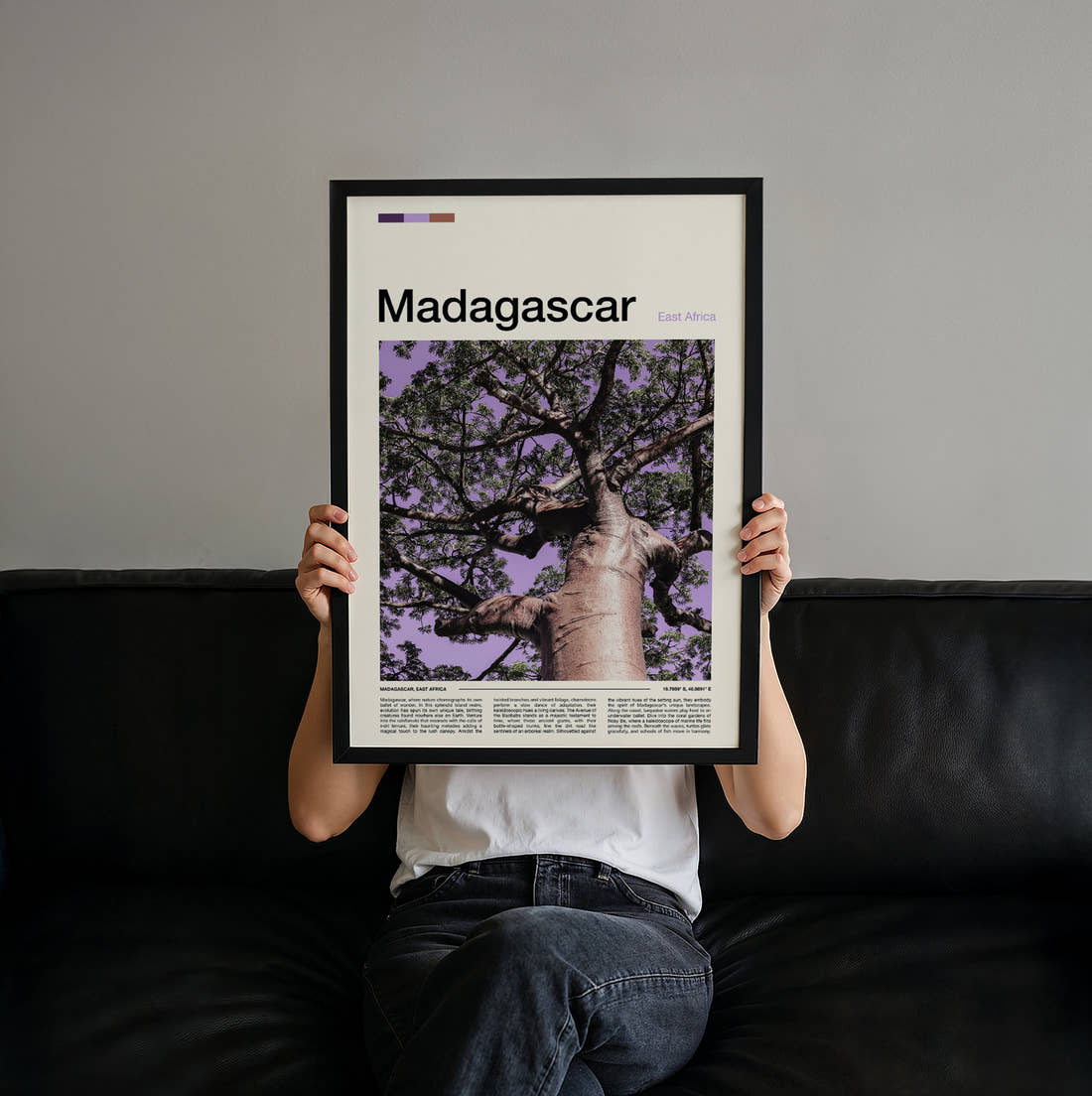 Madagascar Baobab Tree From Below Travel Print held up by hand to show the size of the print