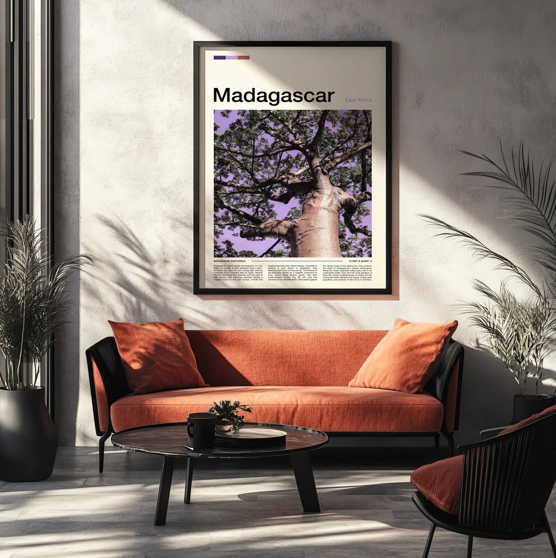 Madagascar Baobab Tree From Below Travel Print framed on the wall of a modern living room