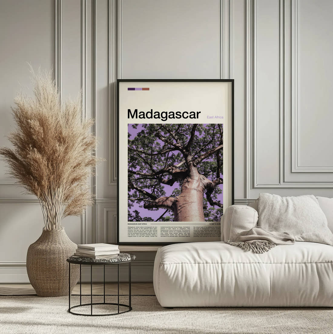 Madagascar Baobab Tree From Below Travel Print framed on the wall of a calm, neutral bedroom