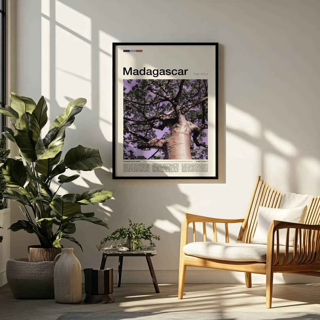 Madagascar Baobab Tree From Below Travel Print framed on a pale wall beside houseplants