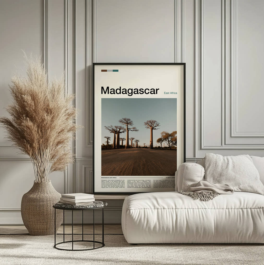 Madagascar Avenue Of The Baobabs Travel Print framed on the wall of a calm, neutral bedroom