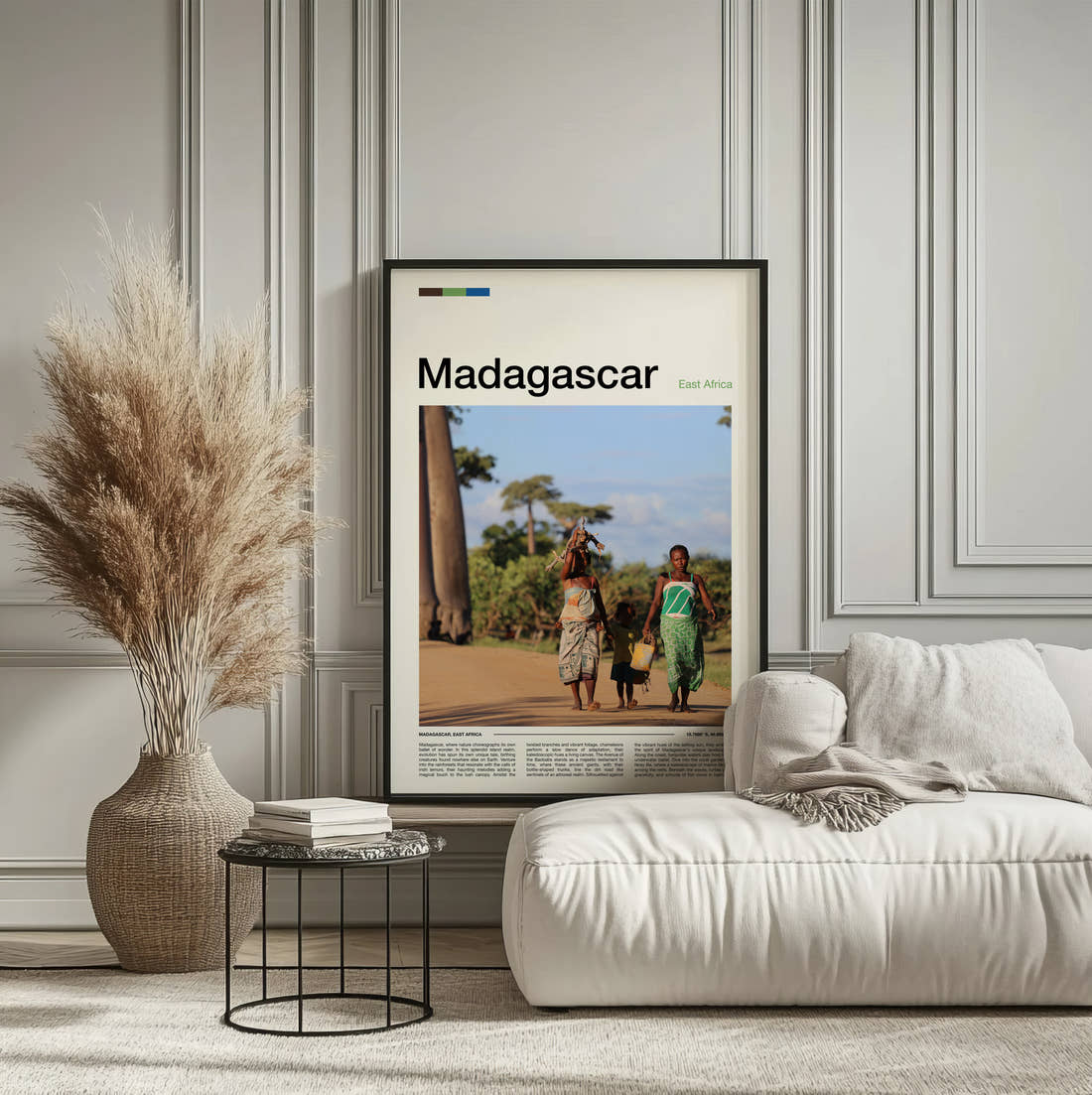 Madagascar People Walking By Baobabs Travel Print framed on the wall of a calm, neutral bedroom