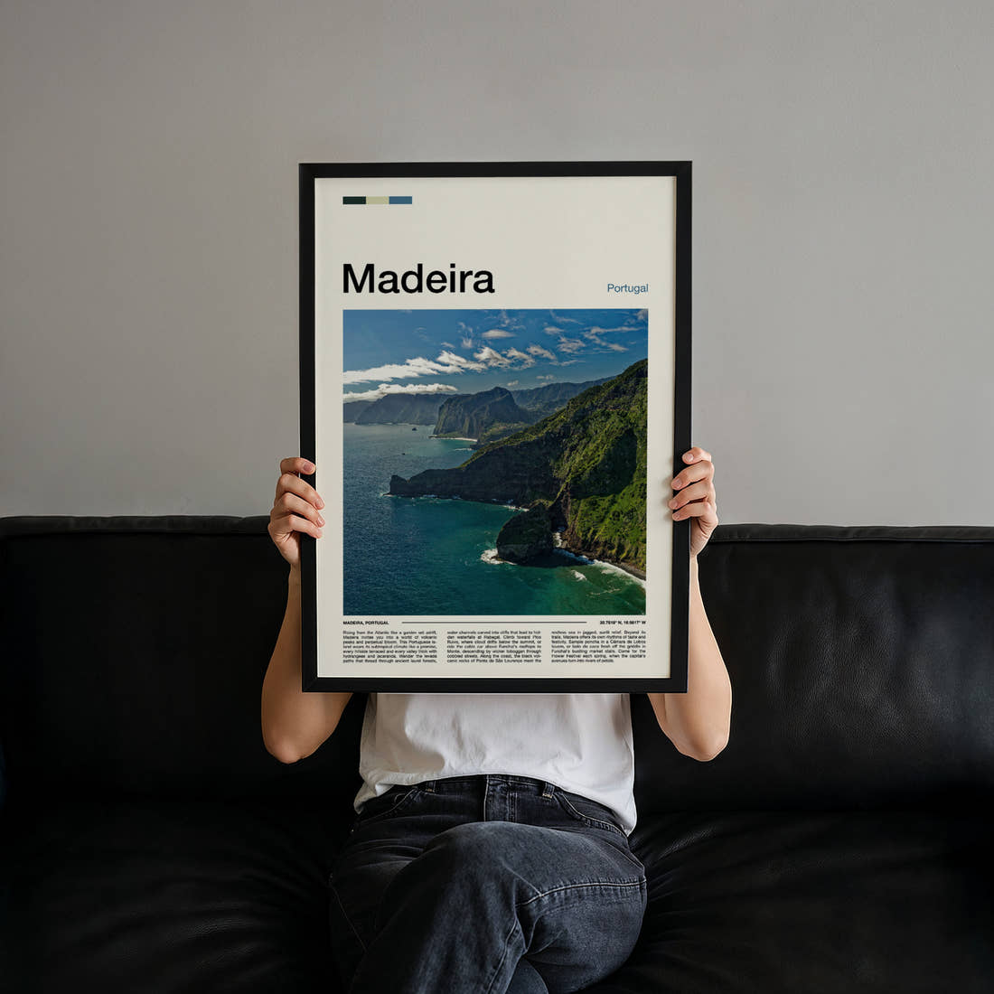 Madeira Volcanic Coastal Cliffs Travel Print held up by hand to show the size of the print