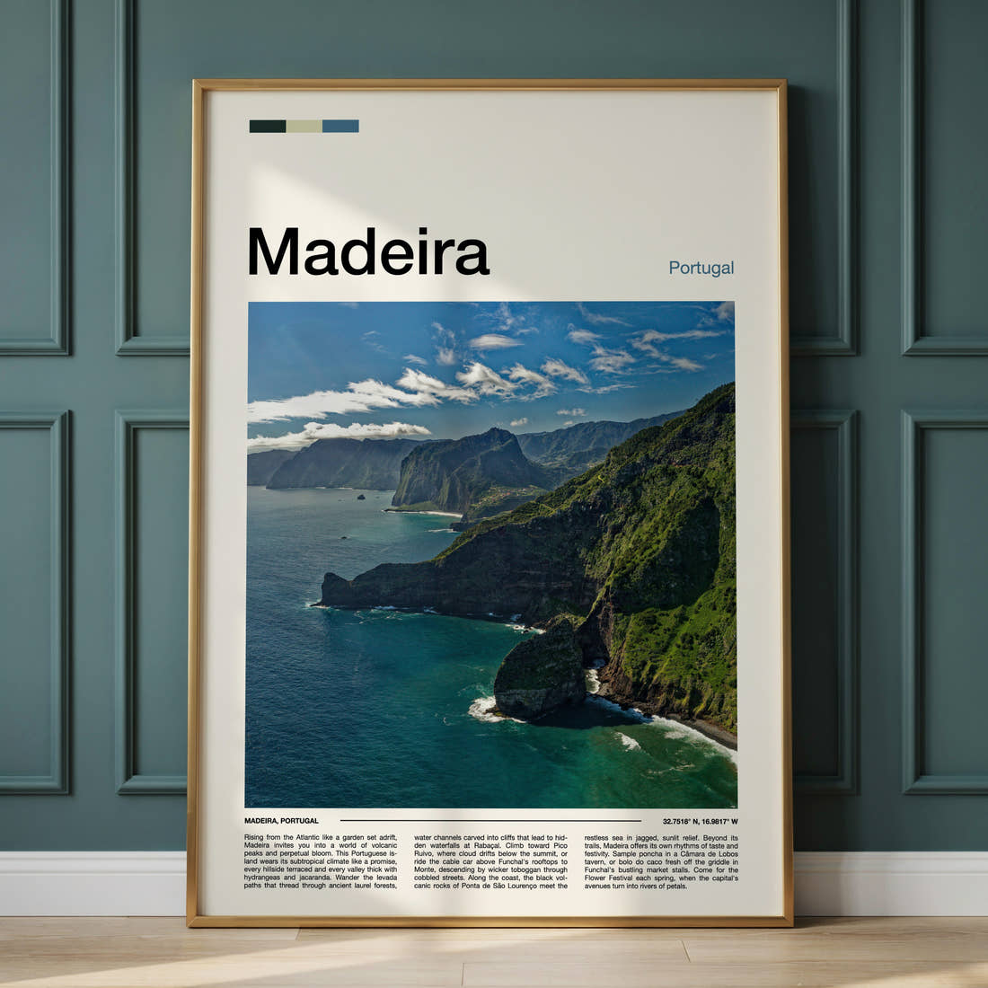 Madeira Volcanic Coastal Cliffs Travel Print framed on the wall of a calm, neutral bedroom