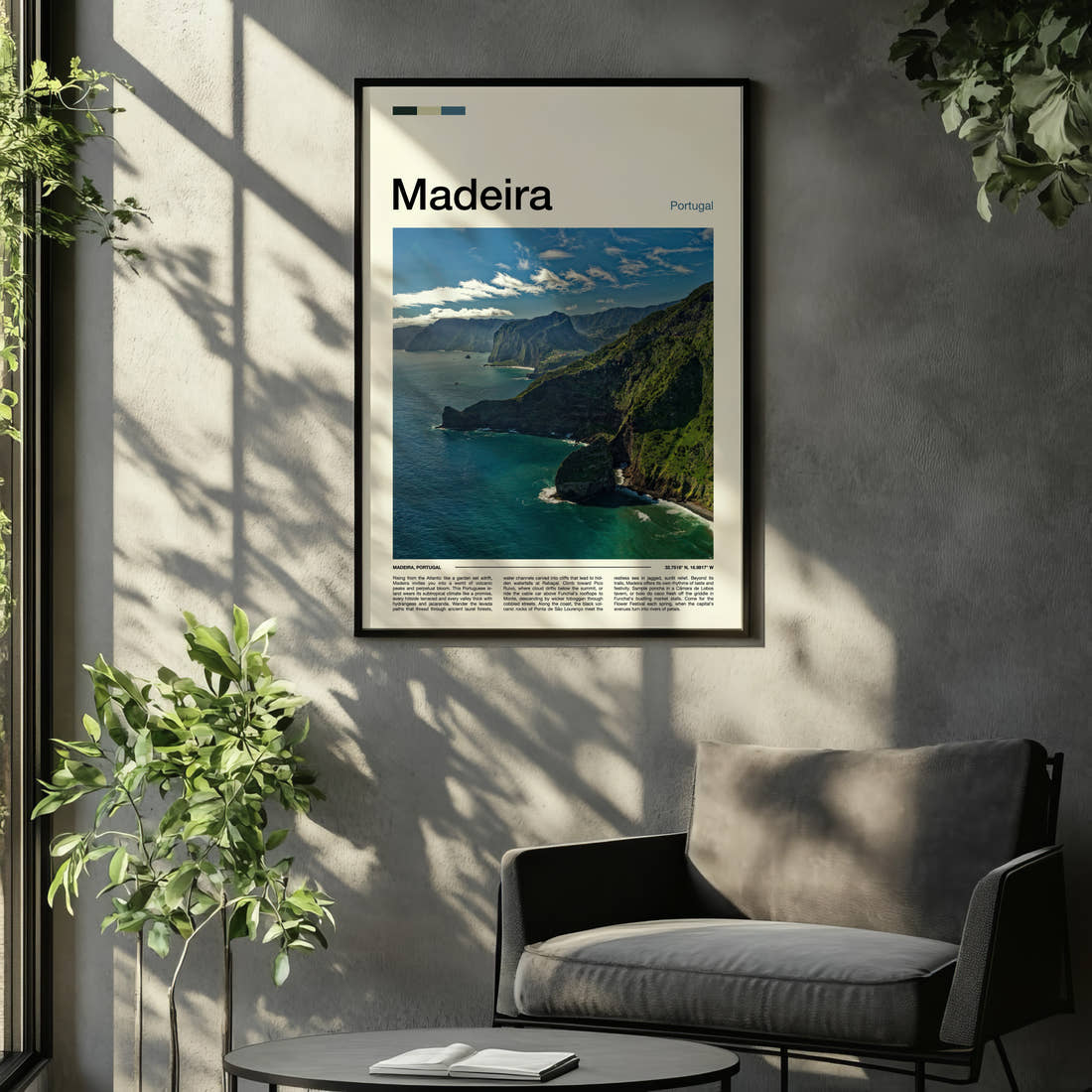 Madeira Volcanic Coastal Cliffs Travel Print framed on the wall of a relaxed living room