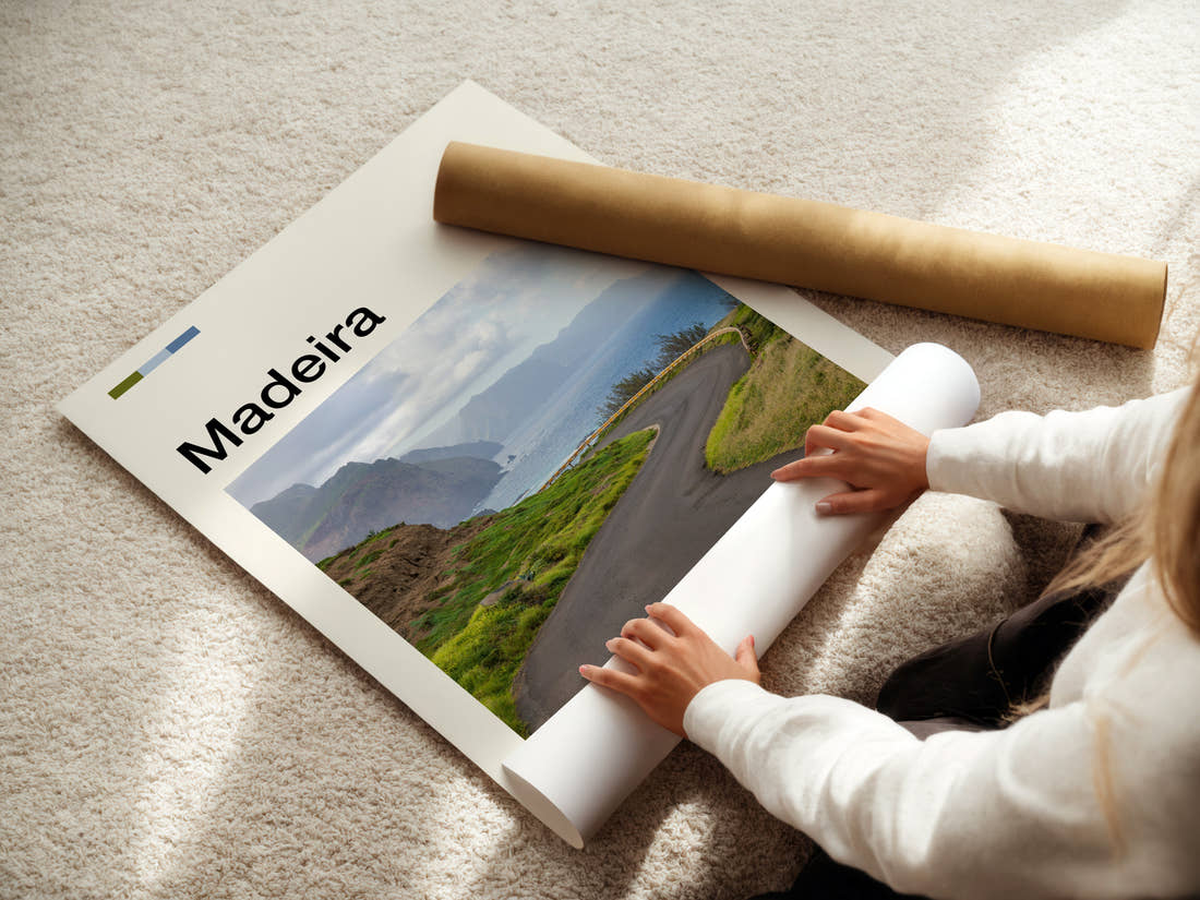 Madeira Winding Coastal Road Travel Print being unrolled from its postal tube