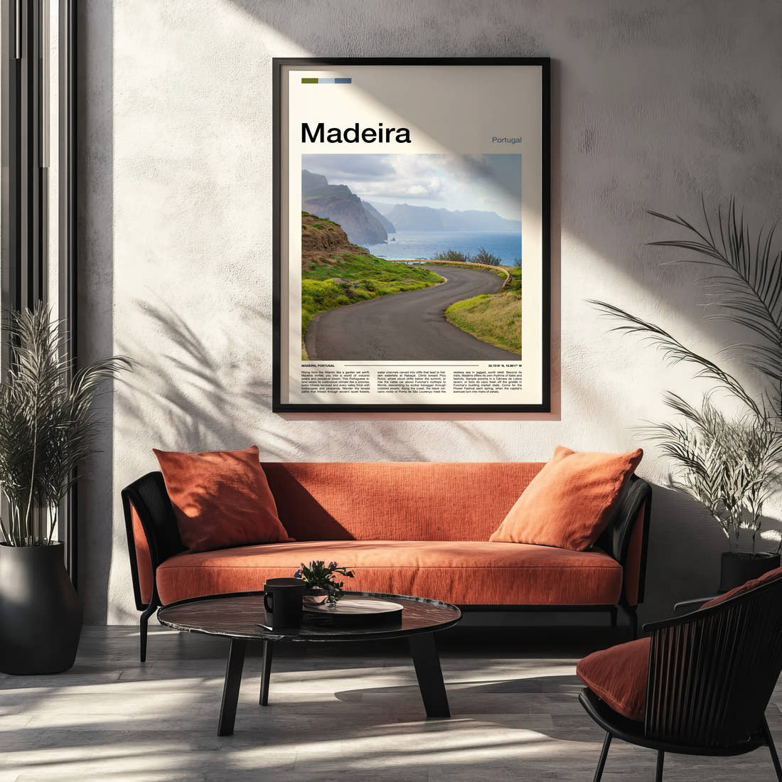 Madeira Winding Coastal Road Travel Print framed on the wall of a modern living room