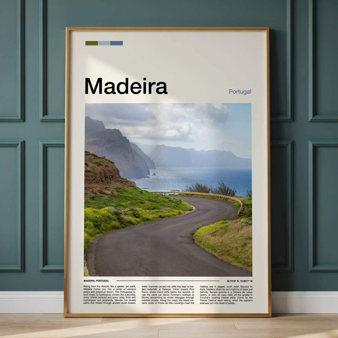 Madeira Winding Coastal Road Travel Print framed on the wall of a calm, neutral bedroom